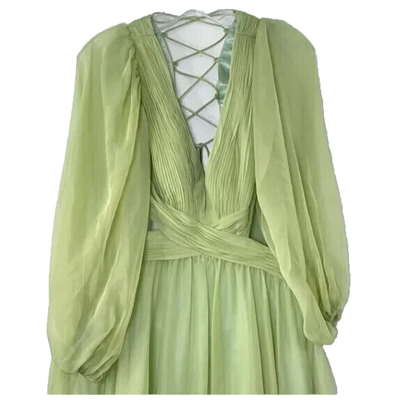 NEW Mac Duggal 67948 Pleated Cut Out Long Sleeve Lace Up Ethereal Sage Gown 8 - Picture 6 of 8